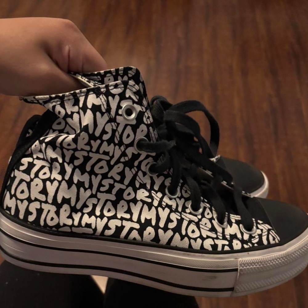Converse Black & White High-Top Script Print Platform Sneakers!
